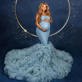 MQTIME  -  Dusty Blue Mermaid Maternity Dresses for Photo Shoot Ruffles Tulle Pregnancy Baby Shower Dress Prom Party Gowns Customized