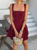 MQTIME  -  Spring Summer New Vestidos Simple Solid Color Women Dress Elegant Square Neck Female Strap Dresses