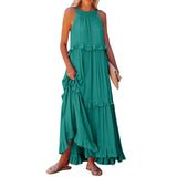 MQTIME  -  Women Boho Solid Color Dress Sleeveless Ruffled Maxi Vestidos Loose Fit Straight Hippie Dresses Layered Princess Robe