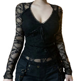 MQTIME  -  Women's Gothic Solid Color Lace Tops Long Sleeve Sexy V Neck Tie-up Front Slim Fit T-Shirts Blouses Club Streetwear