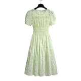 MQTIME  -  Green Fresh Dress for Women Summer 2024 New Style Sweet Fairy Pleated Round Neck Short Sleeve Long Dress