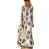 MQTIME  -  Women Bohemian Dress Deep V Neck A-Line Sleeveless Print Retro Maxi Dresses High Waist Loose Floor-Length Long Dress