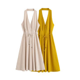 MQTIME  -  Halter Dress With Belt for Women Backless V Neck Women's Midi Dress With Adjustable Tie Belt Female Party Dresses