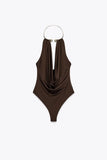 MQTIME  -  Lady Jewelry Necklace Jumpsuit Golden Circular Hanging Neck Deep V Collar Sexy Backless Fashion Bodysuit Siamese Women's Clothes