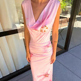 MQTIME  -  Leisure and fashionable sleeveless printed summer new long skirt with vacation style wavy collar pleated design slim fit dress