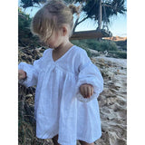 MQTIME  -  Girls Sweet Bubble Sleeve Linen Dress 2025 Spring New Baby Girl Retro Cotton Linen V-Neck Loose Princess Dresses Kids Clothes