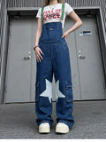  MQTIME  -  Retro Casual Star Denim Overalls Straight Jeans Jumpsuits Trousers High Waist Loose Wide-leg Rompers Jumpsuits for Women