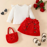 MQTIME  -  2025 Spring New Girls Clothing Set  Ruffle Sleeve Blouse And Red Skirt +Bow Bag  3 Pcs Girls Dress Suit