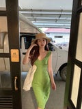 MQTIME  -  Green hollow V-neck suspender dress for women's summer sexy long Dress tie up wrap around buttocks Dress