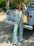 MQTIME  -  Striped Pants Suit Two-Piece Set 2024 Summer Lace Up Hollow V-neck Vest Drawstring Wide Leg Trousers Sets Fashion Lady Outfits