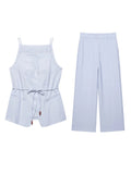 MQTIME  -  Solid Lace Up Women 's Pant Sets Square Collar Sleeveless Tank Top High Waist Wide Leg Pants Female Outfits 2025 Lady Outwears