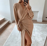 MQTIME  -  New Ladies Autumn and Winter Style Elegant Sexy V-neck Solid Color Long Women's Lace Bandage Sweater Robe Sweater Wrap Dress