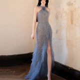 MQTIME  -  Women Blue Beading Prom Gowns Formal Halter Long High Split Evening Gowns Vestido De Fiesta