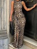 MQTIME  -  Woman Elegant Leopard Print Bandage Long Dress 2024 Summer Sexy O-neck Sleeveless Tunics Bodycon Slit Evening Party Dresses