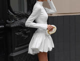 MQTIME  -  Retro White Long Sleeved Dress for Women in Autumn 2025 Fashion, Paired with A-line Flower Bud Skirt for Women's Wear
