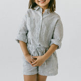  MQTIME  -  Children's Cotton Linen Buttons Black And White Striped Suit Autumn New Boys And Girls Long-Sleeved Shirt Drawstring Shorts Sets