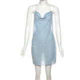 MQTIME  -  Sexy Blue Mini Halter Dress Women Fashion Sleeveless Backless See-through Slim Dresses Summer Lady Daily Vacation Robes