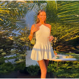  MQTIME  -  Fashion Ruffle Hem Halter Short Women Dress Sleeveless A-line Draped Solid Vestidos Summer Female Vacation Parties Robes