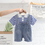MQTIME  -  2Piece Summer Toddler Boy Outfits Korean Fashion Stripe Short Sleeve Cotton Baby Tops+Denim Overall Boutique Kids Clothing B071