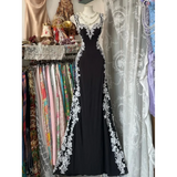 MQTIME  -  Formal Occasion Evening Dress Sleeveless V-Neck Contrast White Floral Lace Appliques Modern Style Prom Wedding Luxury Gown
