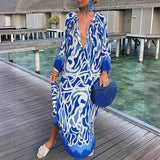 MQTIME  -  Women Maxi Dresses Summer Long Sleeve V-Neck Dress Fashion Printed Female Vacation Beach Long Dress Lady Elegant Loose  Robes