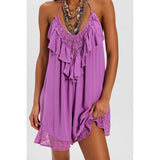 MQTIME  -  Women Lace-up Halter V-Neck Sleeveless Tied Open Back Solid Ruffle Trim Decor Summer Layered Flowy A-line Mini Dress