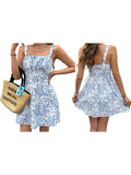 MQTIME  -  Elegant V-Neck Sleeveless Midi Dress with Ruffle Hem and Floral Print for Beach Wedding Party Casual Wear