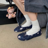 MQTIME  -  Comfort Leather Slip on Flats Cartoon Blue Print Bow Knot Detail Classic Mary Jane Ballet Shoes Outdoor Casual Dress Footwear