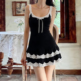  MQTIME  -  Lace Square Neck Lace-up Splicing Suspender Pleated Skirt