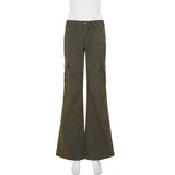 MQTIME  -  Vintage Low Rise Cargo Flare Pants Multi Pocket Streetwear Trousers