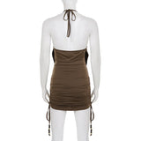 MQTIME  -  Women Summer Holiday Solid Beading Lace Up Halter Backless Mini Dress Sexy Swinging Collar Drawstring Ruched Bodycon Clubwear