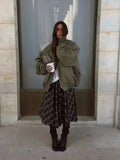 MQTIME  -  Autumn Vintage Plaid Print Long Skirts For Women Chic Zip-up High Waist Ruffles Skirts Winter Fashion Party Female Skirts