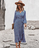 MQTIME  -  Printing Maxi Dress V Neck Bandage Boho Holiday Dress Long-sleeved Belt Lace-up Vestidos Ruffled Beach Dresses
