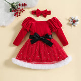 MQTIME  -  0-4Y Toddler Kids Girl Christmas Dress Long Sleeve Stars Mesh Lace Patchwork A-Line Dress with Bow Headband