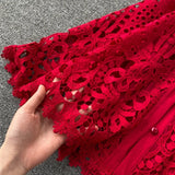 MQTIME  -  Summer New Mid Length Dress Women Dresses A Line Vestidos Hollow Out Round Neck Short Sleeve Single Breasted Elegant High Waist