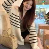 MQTIME  -  Women Lazy Style Sweater Spring Autumn Thick Soft Knitted Warm Cardigan Academia Striped Outerwear Top
