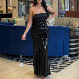 MQTIME  -  Temperament Strapless Sequins Wedding Party Dress Sexy Off Shoulder Bow Decoration Slim Long Dress Lady Solid Backless Prom Gown