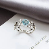 Mqtime Creative Crystal Aquamarine Leaf Branch Ring for Women Fashion Design Zircon Hollowed Silver Finger Rings Jewelry Wholesale