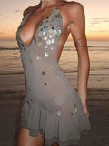 MQTIME  -  ﻿ Sexy Sheer Mesh Backless Short Dress Women Deep-V Sleeveless Lace Up Sequin Pleated Dresses Summer Chic Beach Party Club Wear
