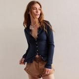 MQTIME  -  Women Knitwear Regular Fit Full Stretch Viscose Cropped Sweaters Long-sleeved Round Neck Button Down Rib Cardigans