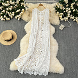 MQTIME  -  Longline Crochet Cardigan Button Front Sleeveless Sheer Open-knit Long Cover-up Jacket Women Summer Beach Vacation Outfit