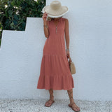 MQTIME  -  Solid Color Straight Tank Dress Sleeveless Holiday Viscose Maxi Dress Button Up V Neck Boho Dress Vacation Robes