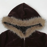 MQTIME  -  Cropped Trendy Velvet Pocket Cargo Jacket, High-waisted Skinny Hottie Fur Hooded Sweatshirt