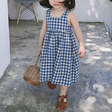 MQTIME  -  Girls Korean Blue Plaid Dress Summer New Cotton And Linen Children's Cute Bow Tie Sleeveless Halter Suspenders Dresses