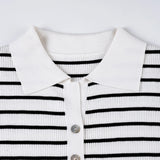 MQTIME  -  Contrast Striped Woollen Short-sleeved Single-breasted Cardigan Polo Neck Commuter Knit Top for Women