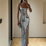 MQTIME  -  Sexy Women Backless Solid Long Dress Fashion Sleeveless High Waist Slim A-line Dress Elegant Sequin Hollow Suspenders Dress