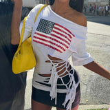 MQTIME  -  American Streetwear Y2k Hollow Out Sexy Skew Collar Short Sleeve Loose Women's T-shirts