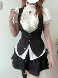 MQTIME  -  Y2k Gothic Retro Chic 3 Piece Set Women Bubble Sleeve Shirt + Slim Vest + Mini Cake Skirt New Vintage Fashion Skirt Suit 2025