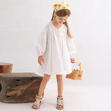  MQTIME  -  Girls White Cotton Linen Dress Spring New Baby Girl V-Neck Casual Loose Linen Long-Sleeved A-Line Dress Doll Princess Dresses