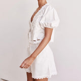 MQTIME  -  Summer Cotton Cut-out Stitching Design Sense Set Women's Summer New V-neck Short Sleeve Lace-up Top Shorts Two-piece Set